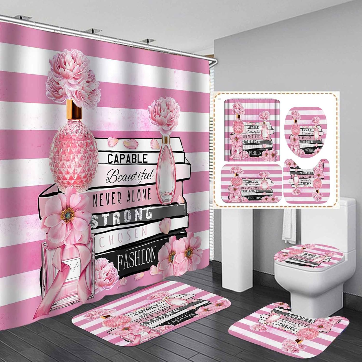 4PCS Pink and White Striped Shower Curtain Sets with Rugs, Waterproof Fabric Shower Curtain, Inspirational Quotes Magazines Pink Peony Floral Perfume Makeup Modern Fashion Woman Bathroom Decor