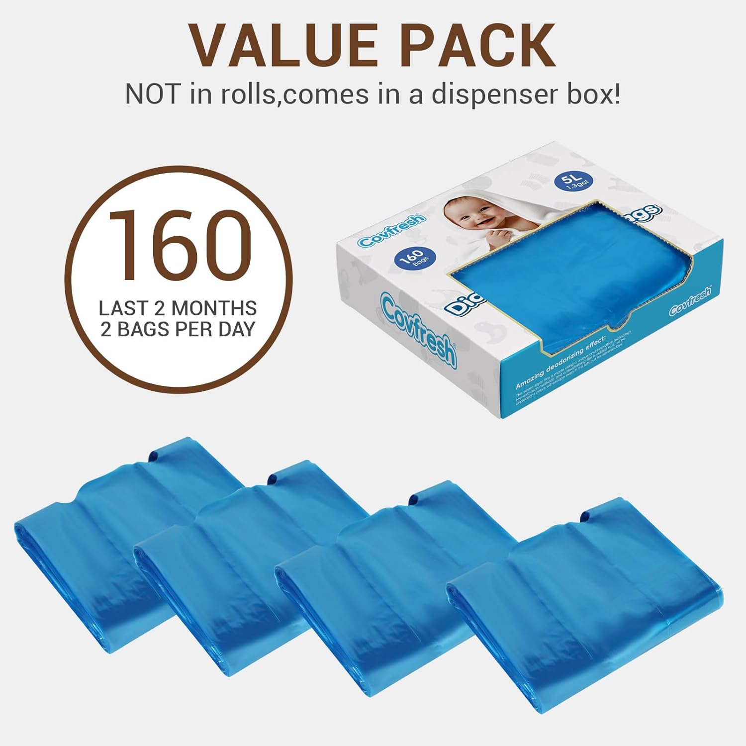 Odor Sealing Diaper Disposable Bags with Tie Handle, 160 count | Large Capacity, Unscented & Durable Diaper Trash Bags for Home & Baby Travel Use (Color:Blue)