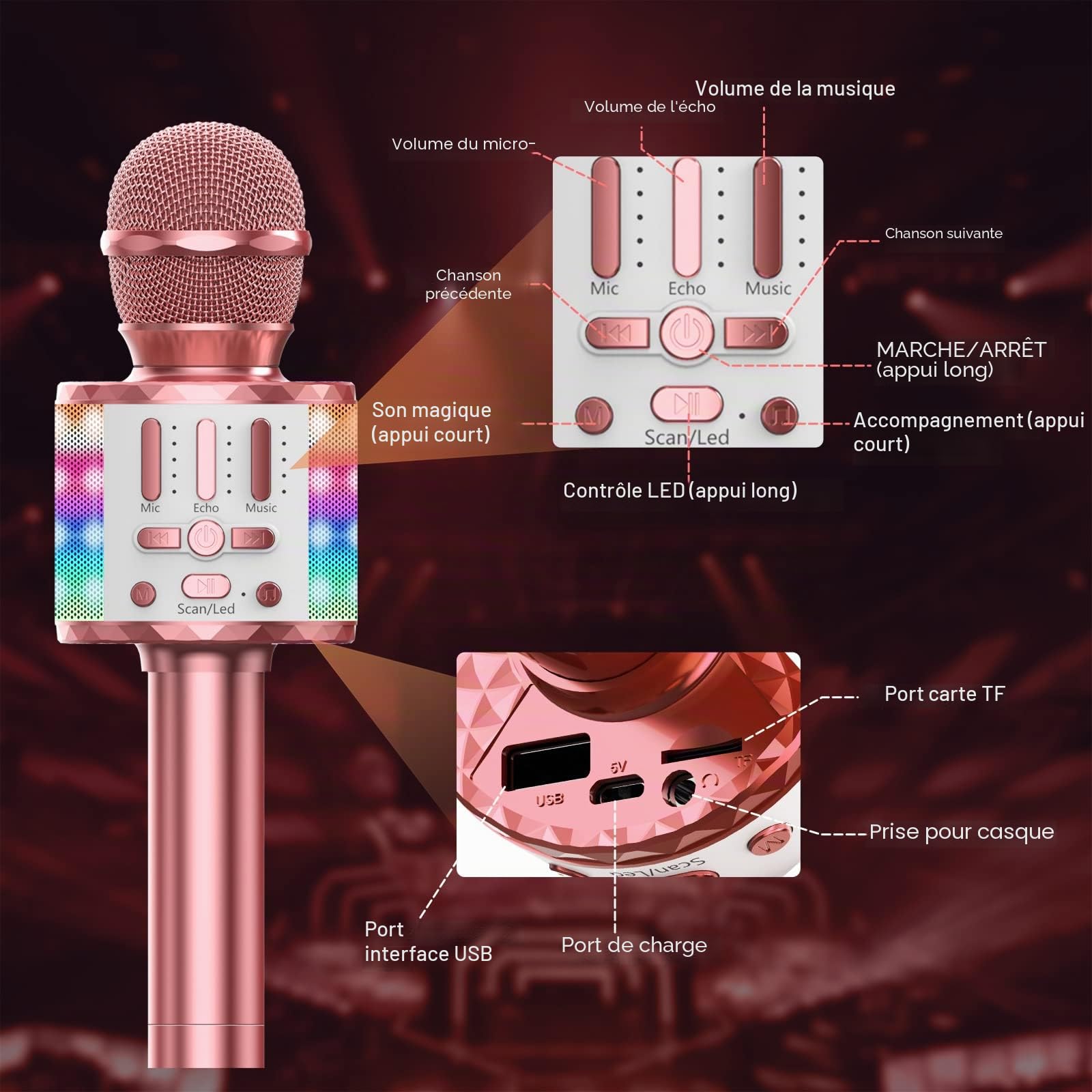 Microphone Sans Fil Bluetooth , Portable Karaoké Micro Haut-Parleur Avec LumièRe, Pour Enfants/Adultes Chanter Club Noël Anniversaire Soiree Famille Youtube Live, Idée Cadeau