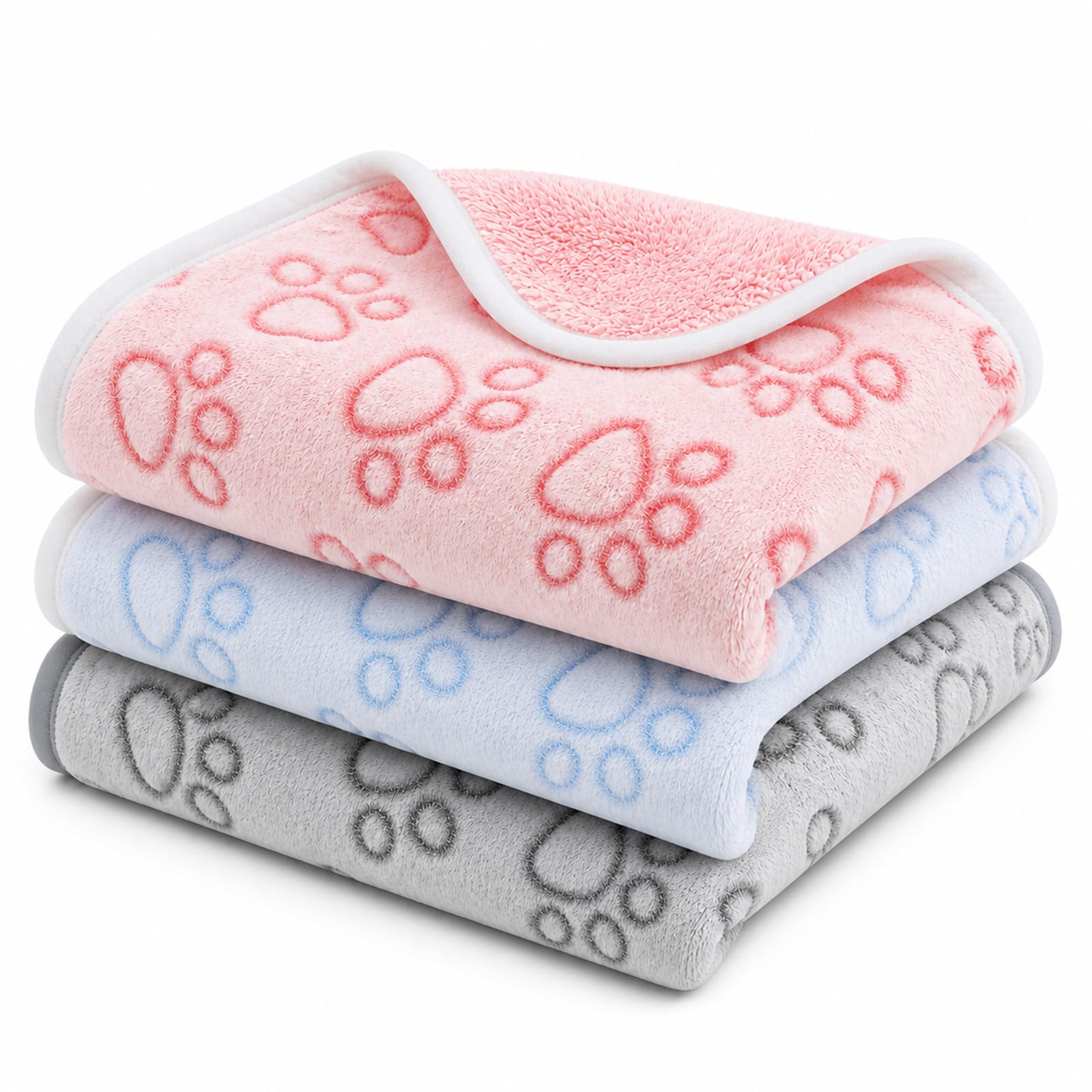 Dog Blanket 3Pcs, Soft Fluffy Fleece Pet Blanket for Dogs and Cats, Warm Paw Print Flannel Throw, Washable Puppy Blanket for Sofa, Bed, Crate, Grey/Blue/Pink, 40 x 60 cm — image 1