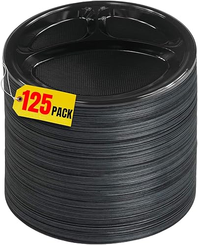 1InTheHome 10 Inch Plastic 3 Compartment Sectional Plates, Disposable Plates with Compartment, Round Black Sectional Plates 10-Inch Diameter, 125