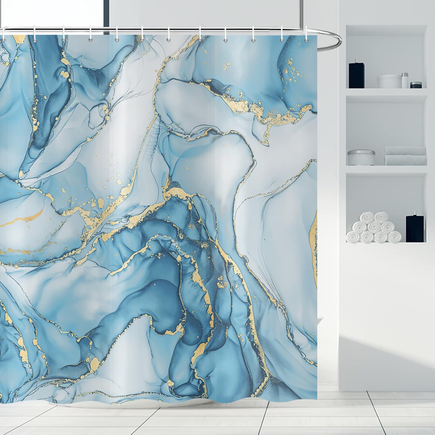 ASDCXZ Blue Marble Shower Curtain 90x180 cm, Modern Abstract Art Teal Blue Gold Marble Optics Texture Waterproof Bath Curtain Polyester Textile Washable Shower Curtains for Bathtub with 6 Hooks