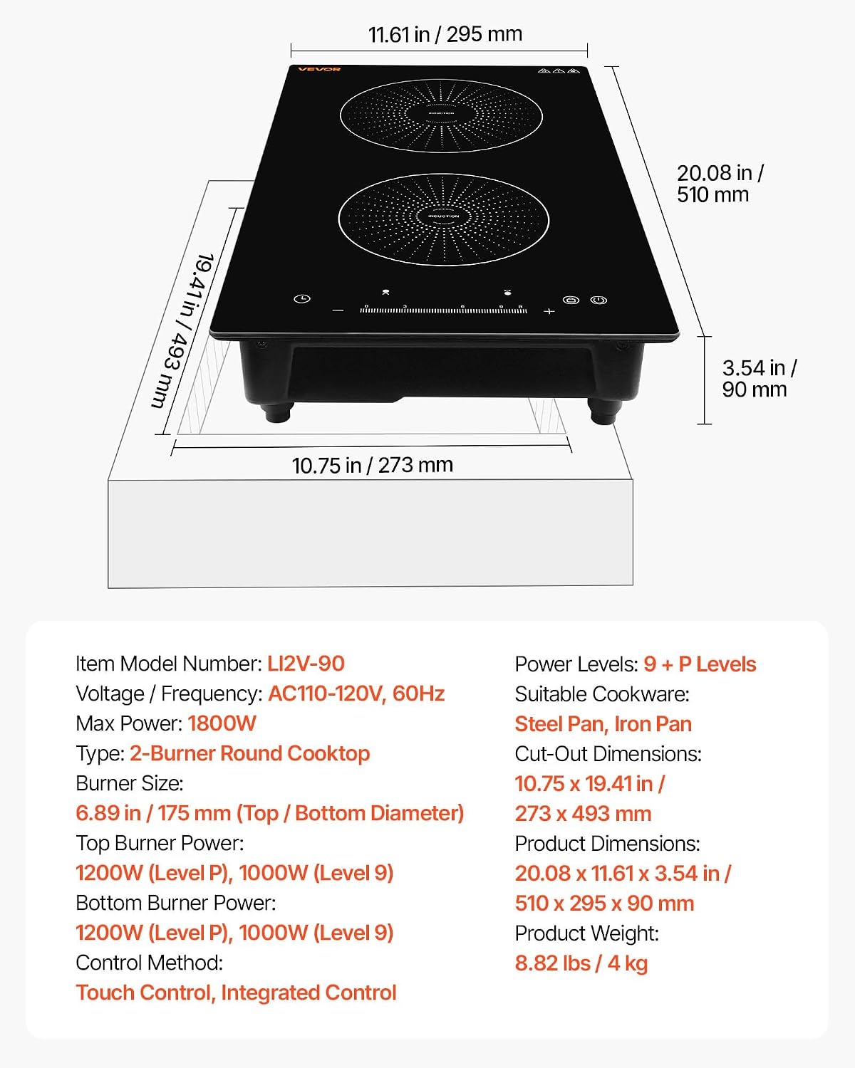 VEVOR Induction Cooktop 12In 2 Burners, Built-in&Countertop Electric Stove, LED Touch & Integrated Control, 9 Power Levels, Easy-Clean Ceramic Glass, Child Lock, 1800W 110V No Plug