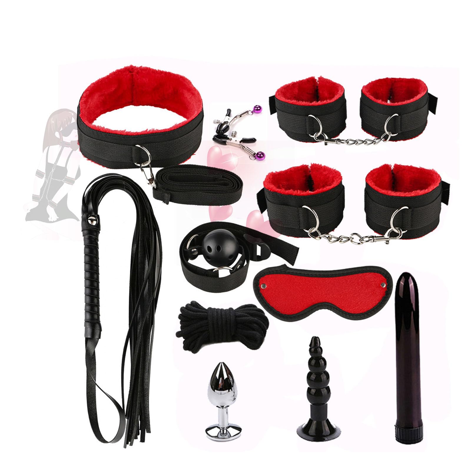 HUNTVE Set di 11 romantici Set da Yoga per Coppie in Nylon Regolabile B`D'S`M (Collezione Nera e Rossa)