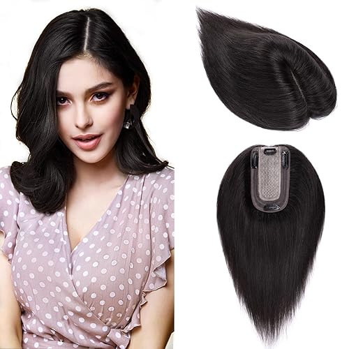 S-noilite Toppers para el cabello para mujer, sin flequillo, 8 pulgadas, base de seda negra natural #1B, con clip en la parte superior para mujeres