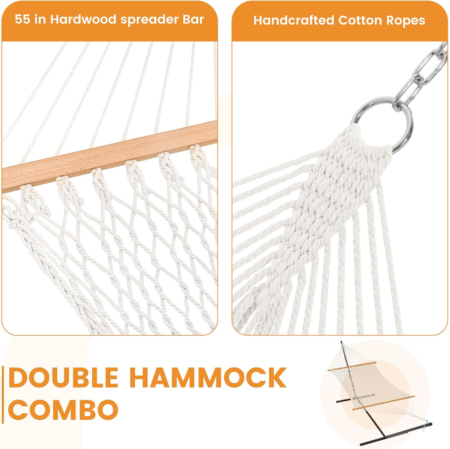 Lazy Daze Hammocks Rope Hammock with Pad, Spreader Bar, Carabiners, Tree Straps, Chains for Outside Patio- Max 450 Lbs, Grey