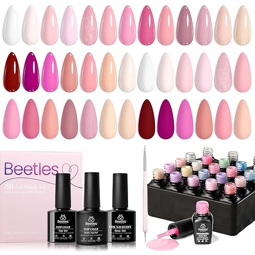 Beetles - Juego de 23 esmaltes de uñas de gel Dare to Bare Collection Nude Pink White Neutral Soak Off UV LED Lamp Necesita manicura con 3 piezas de
