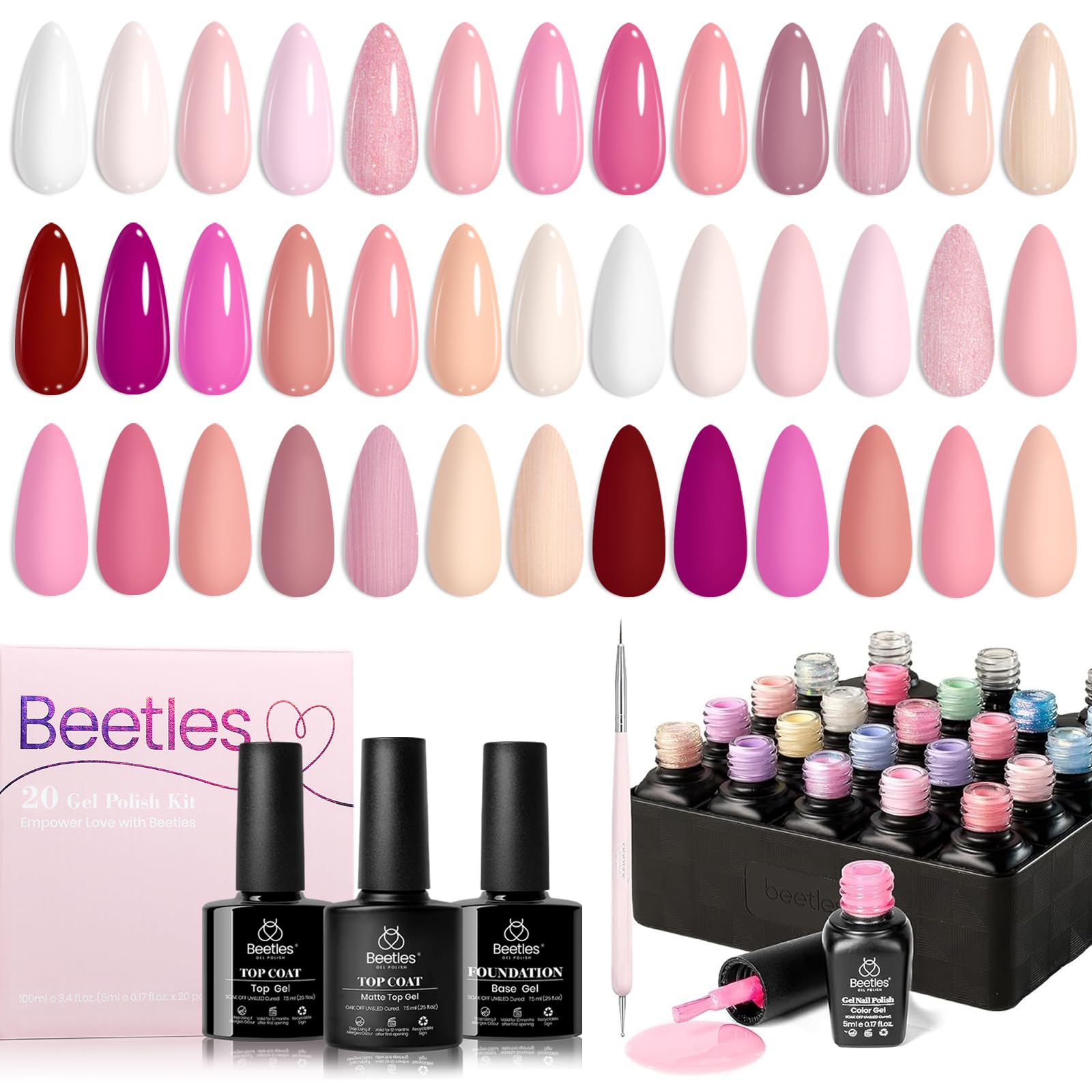 Beetles Pink Gel Nail Polish – Dare to Bare Gel Polish Set, 20 Color Soak off Uv Led Manicure Kit with 3Pcs Base Coat Matte Glossy for DIY Manicure Gift for Women Valentines Nails