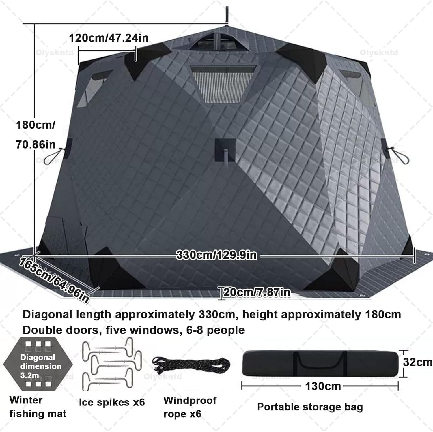 Ice Fishing Shelter with Stove Jack and Floor, Portable Ice Fishing Tent 420D Insulated Layer Ice Shanty Hexagon Ice Huts, for Ice Fishing & Winter Camping 6-8 People Grey