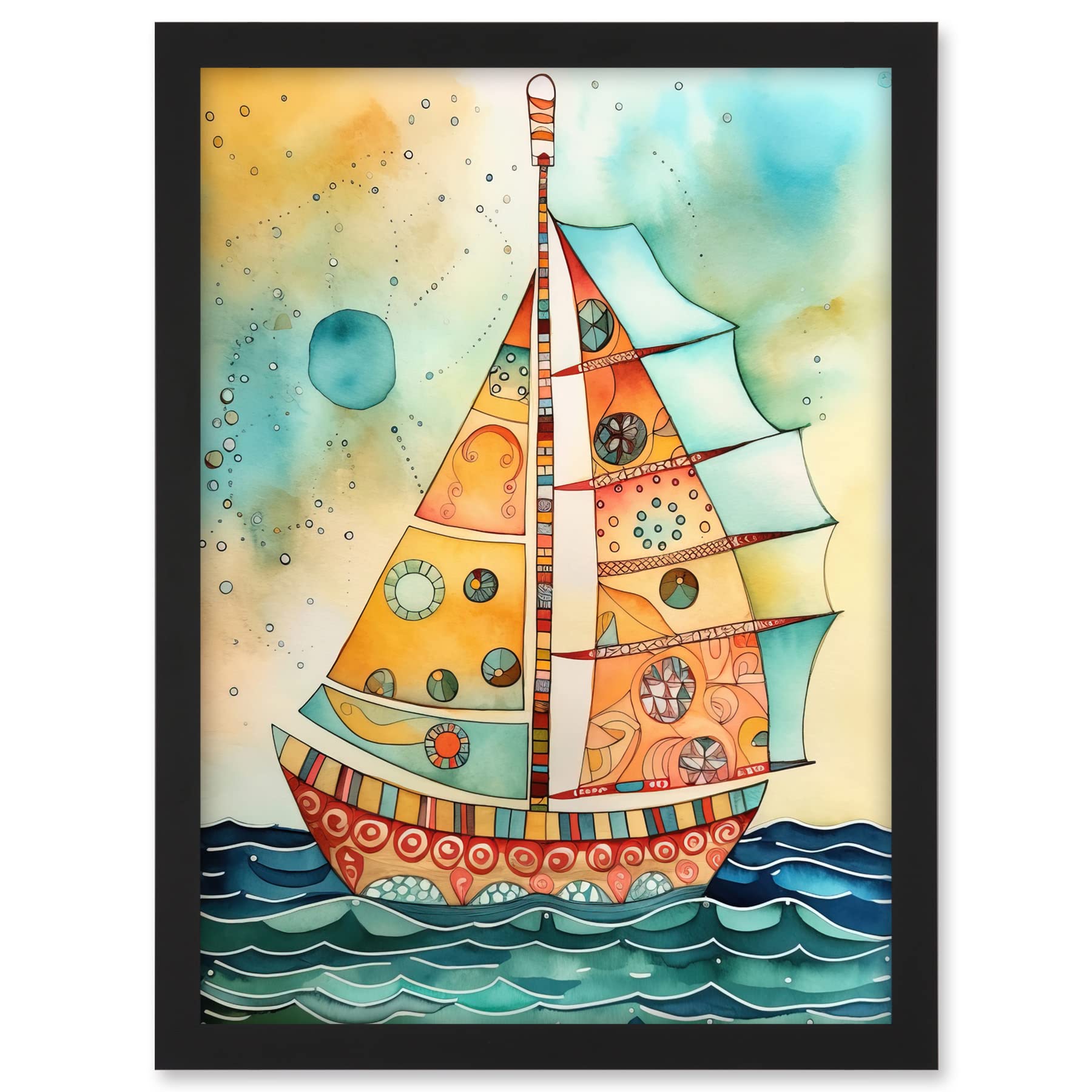 Artery8 Sailboat Concept With Dorsal Fin Sail Folk Art Artwork Framed A3 Wall Art Print