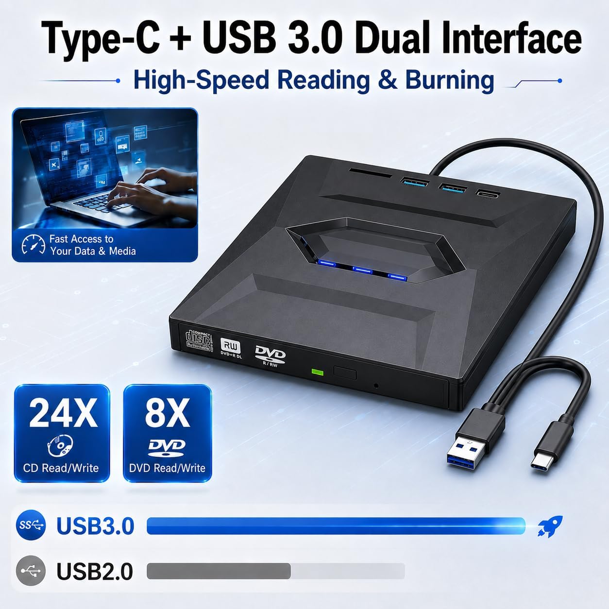 Lector CD Externo y Lector DVD Externo USB 3.0 USB C, Grabadora DVD Externa Portátil con Lector SD TF y 3 Puertos USB, Reproductor DVD para PC Laptop Mac Windows Linux