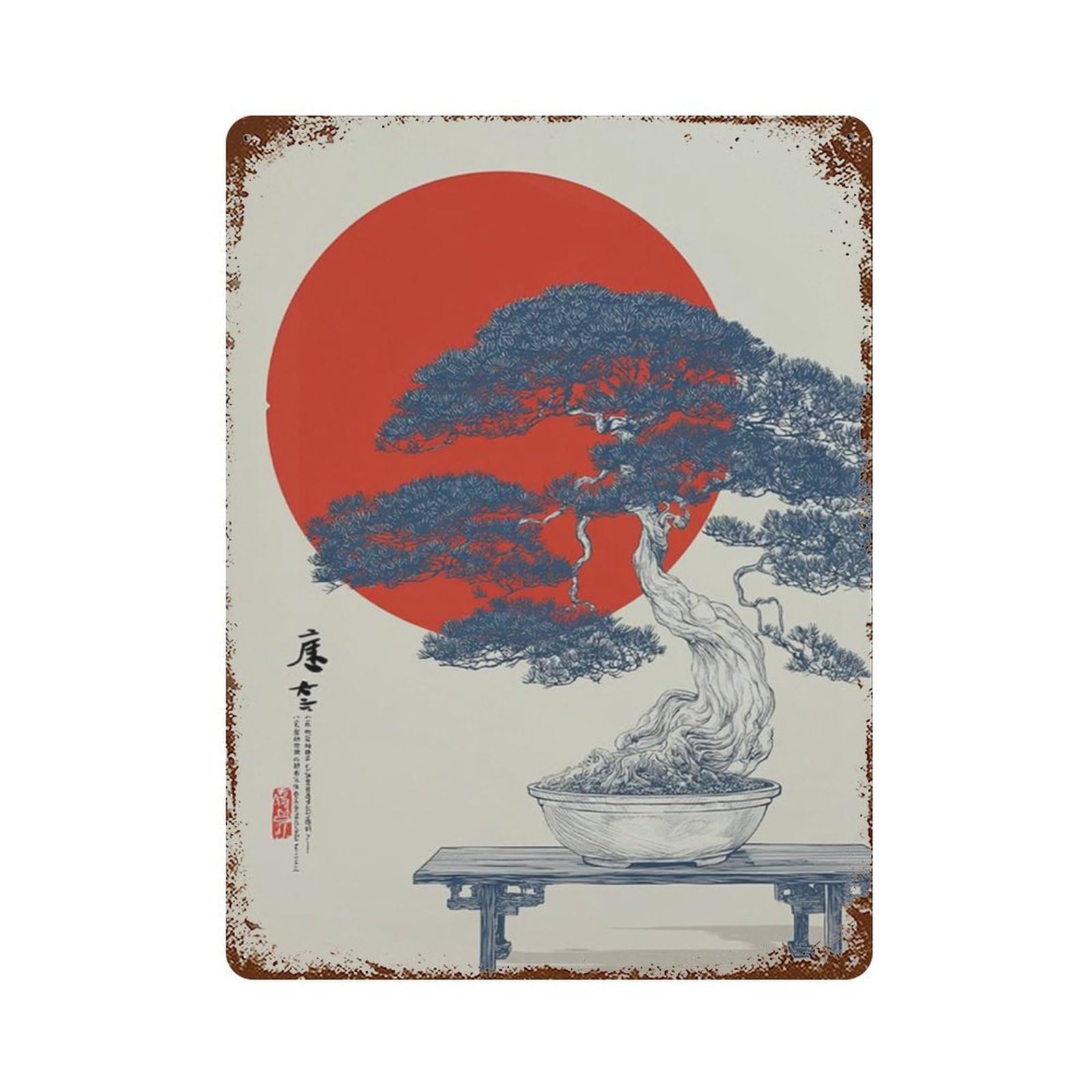 xiaoxiaoshen Japanese Bonsai Tree Minimal Zen Red Sun Landscape Wall Decor Art Metal Tin Poster Modern Home Decor Art Home Bar Shop Decorations Vintage Sign 40x30cm