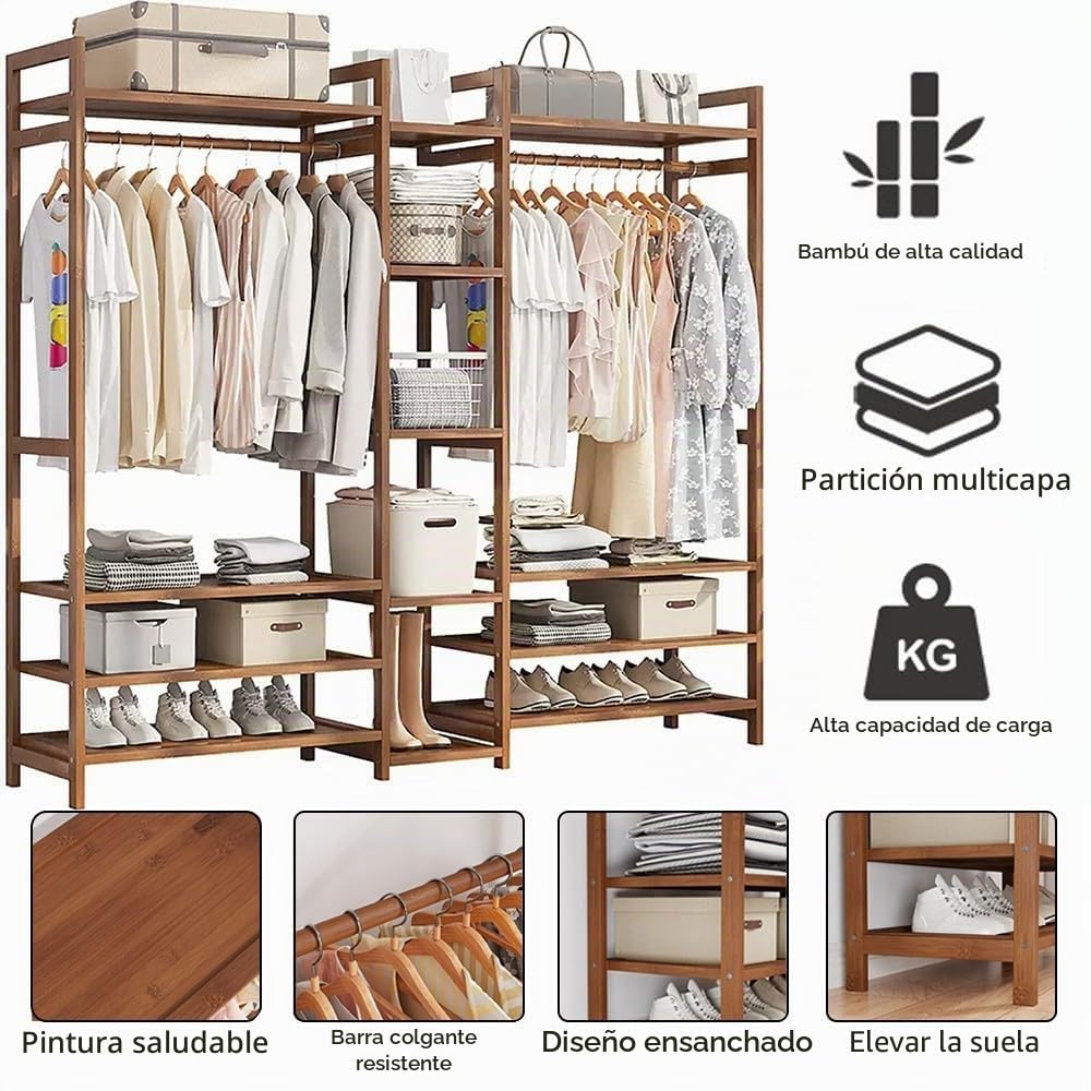 Perchero Burro Bambú, Armario Abierto Madera Perchero, Multifuncional Armario Abierto Burro Maciza Perchero Estante Dormitorio For Zapatos para Ropa Zapatos Bolsas, Carga: 100 kg