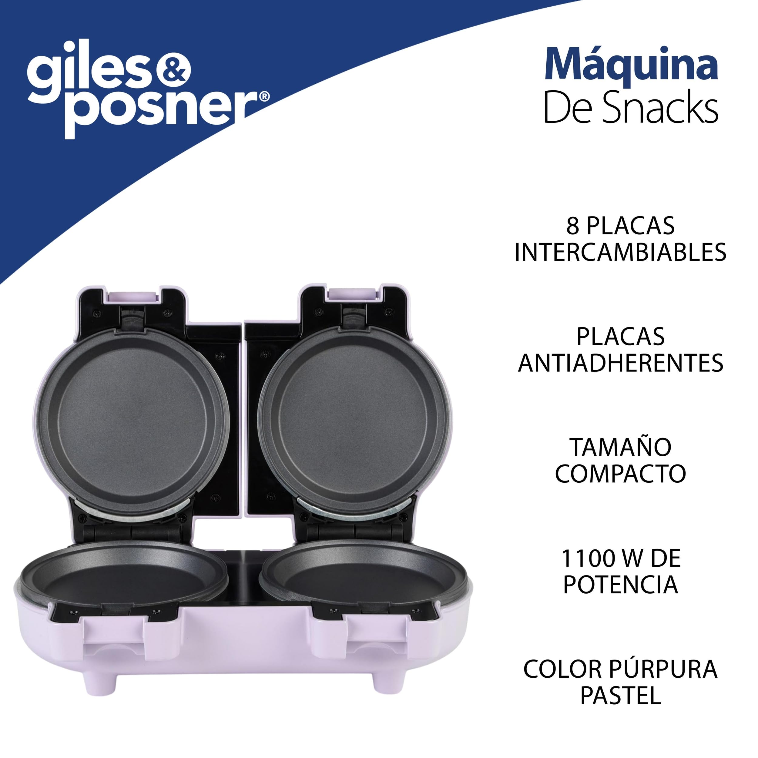 Giles & Posner Máquina para hacer aperitivos– Placas de cocción extraíbles antiadherentes, Compacto, Incluye 4 placas planas para tortillas y pasteles, 4 placas para gofres, Fácil de limpiar