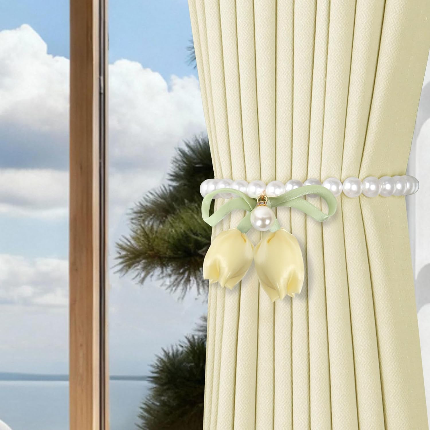 Meplait 2 Pack Magnetic Curtain Tiebacks, Pearl Curtain Holdbacks, Yellow image 3
