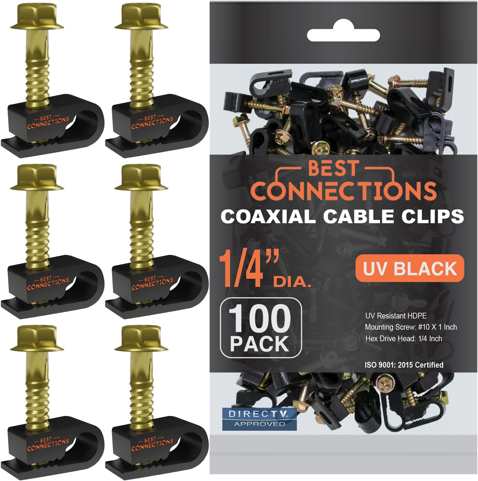 Coaxial Cable Clips with Pre-Inserted Screw (100 Pack) – Black Single Cable Mounting Clamps for Coax Cable (RG6, RG59) and Ethernet Cable – Cord Fastener/Strain Relief Clip