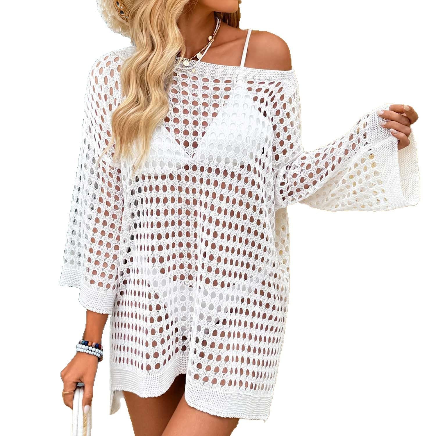 Net Coverups Long Sleeves Womens Bikini Cover Ups Crochet Beach Dress Swimwear Bathing Suit Cover Up