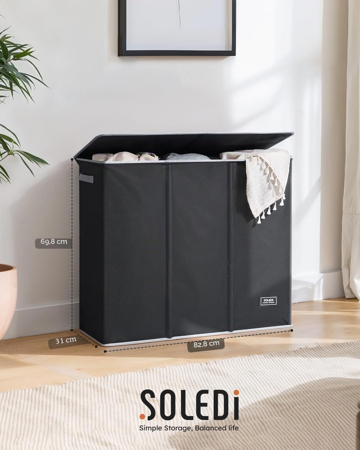SOLEDI 180L Wäschekorb, Wäschesammler mit Deckel, 3 Fächer und 3 Wäschesack - Großer XXXL Wäschesortierer für Badezimmer, Schlafzimmer, Wäschekammer, Kinderzimmer - 3 x 60L