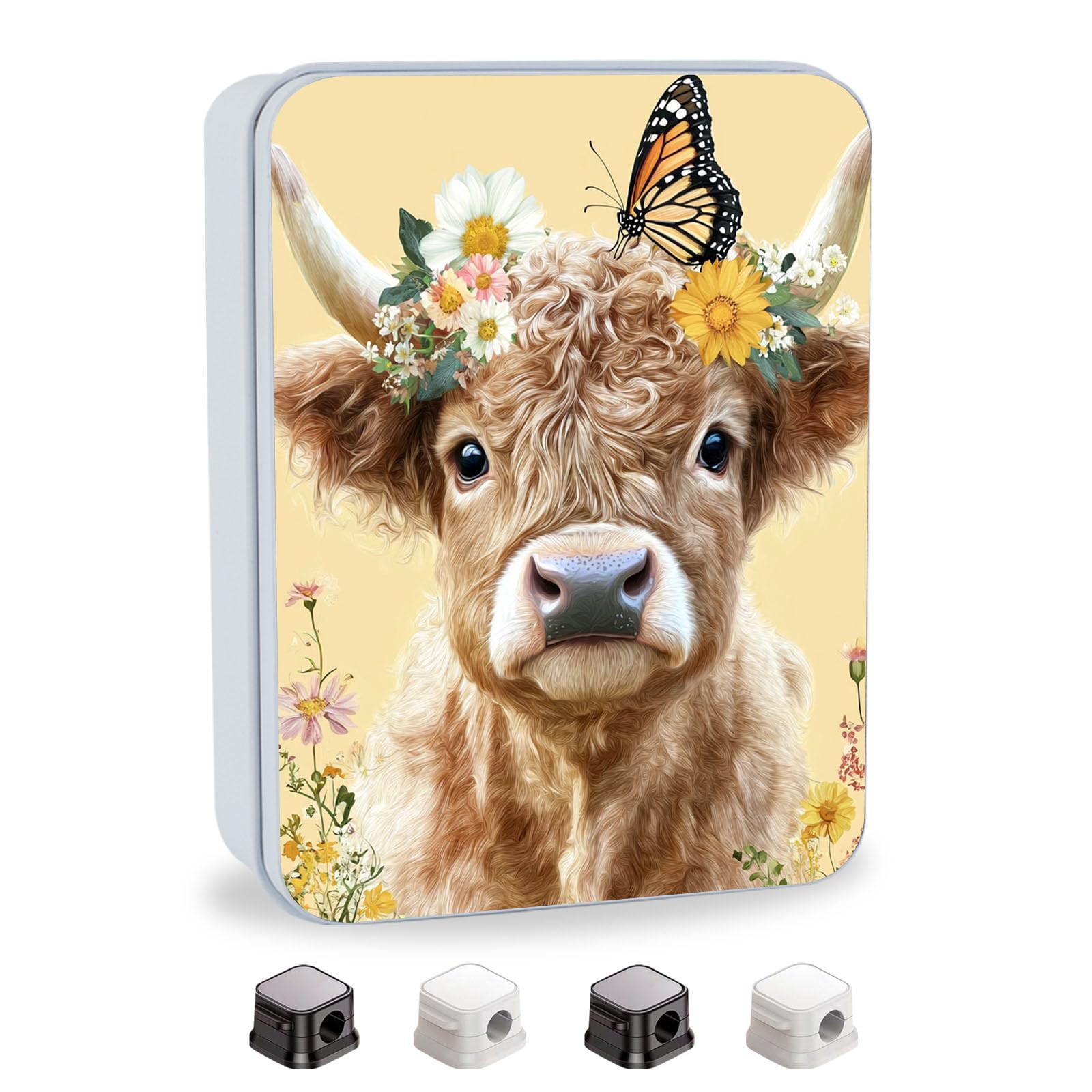 Metal Tin Box with Lid,Multi-functional Storage Box Can Store Tea Biscuits Game Cards, Playing &amp; Tarot Cards-Comes with 4 Magnetic Cord Clips,Cute Cow Butterfly