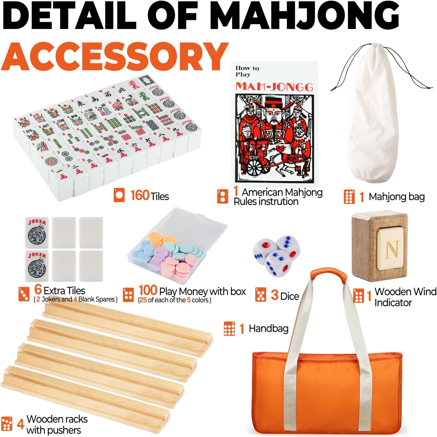 MUTEX American Mahjong Game Set, 166 Premium Mahjong Tile Set with Traveler Size Stylish Orange Carrying Bag, Western Mahjong Set with 4-Piece Wood Mahjong Racks/Pushers, Mahjong Ma Jong Set