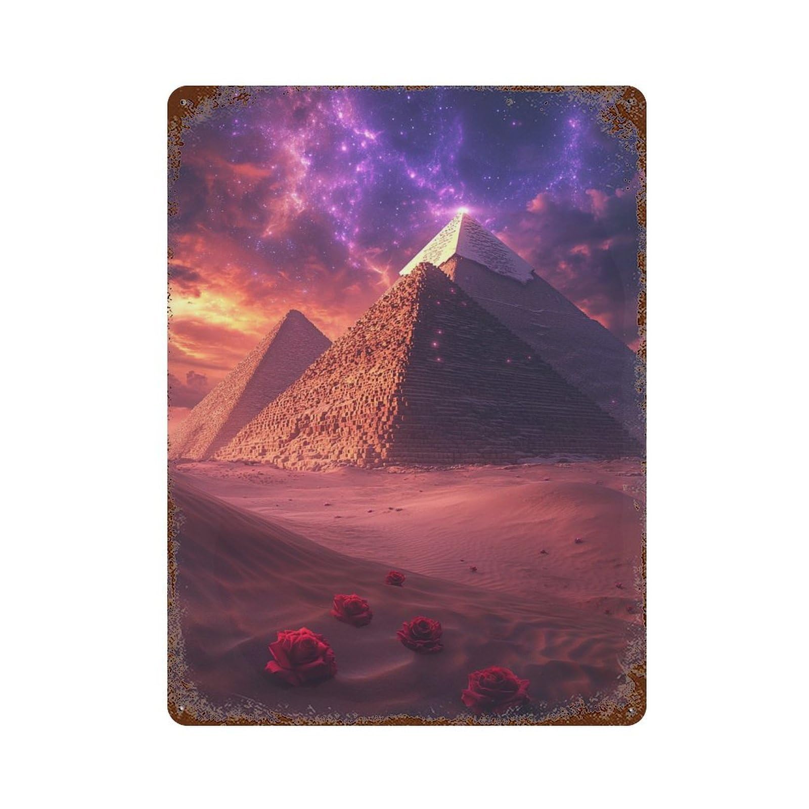 Garage Style Pyramids in The Desert with Roses -1 Decorative Tin Sign 15.7"x11.8", Retro Wall Decor for Bar And Workshop