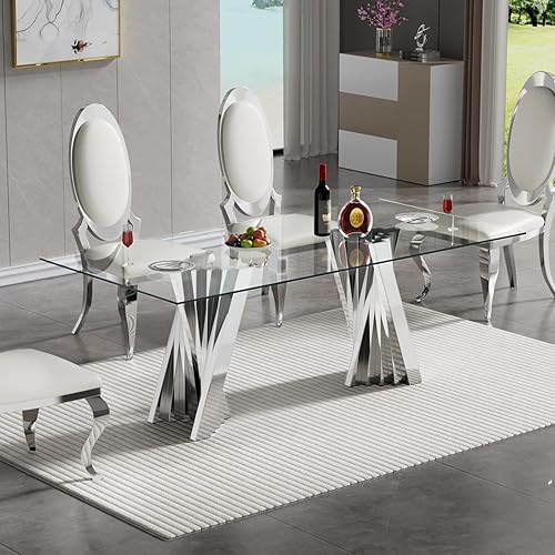 Miniatura 43 de SSLine Moderno juego de mesa de comedor de cristal de 7 piezas para 6 mesas de cocina y sillas de cristal dorado de lujo para 6 elegantes mesas de