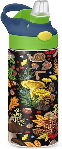Fall Thanksgiving Watercolor Mushrooms Kids Water Bottle with Straw Insulated Stainless Steel Kids Water Bottle Thermos for School Girls Boys