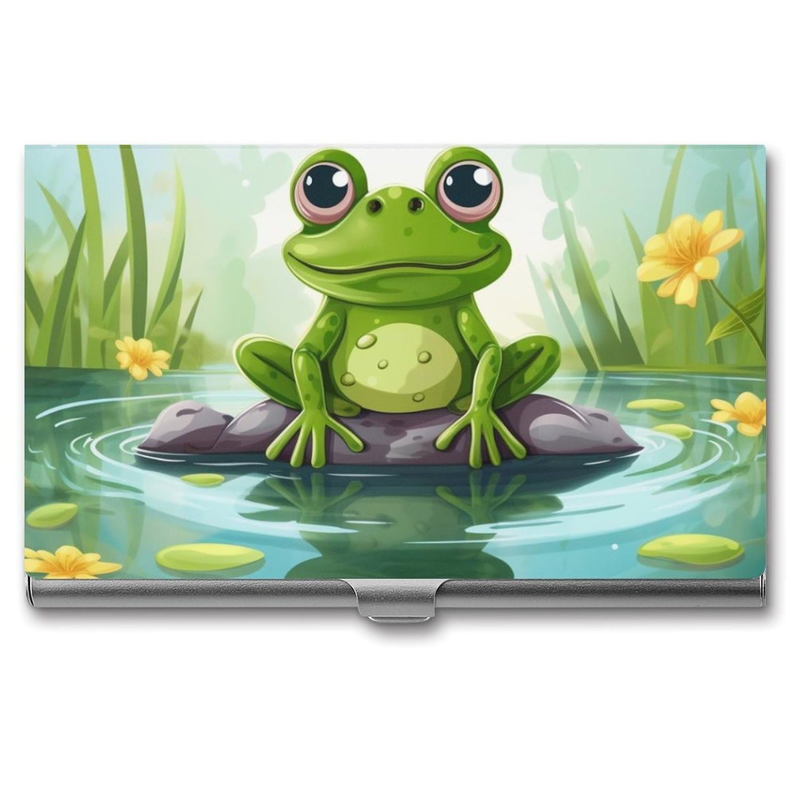 BTCOWZRV Frog In A Pond Business Card Holder Metal Slim Business Card Case, Pocket Card Holder for Men Women Purse Name Card Holder Stainless Steel Wallet Credit ID Case for Office
