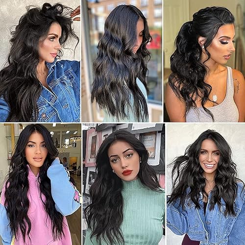 Miniatura 6 de 4 extensiones de cabello ondulado con clip para la playa, 20 pulgadas, extensiones de cabello sintético largo negro natural para mujer (negro