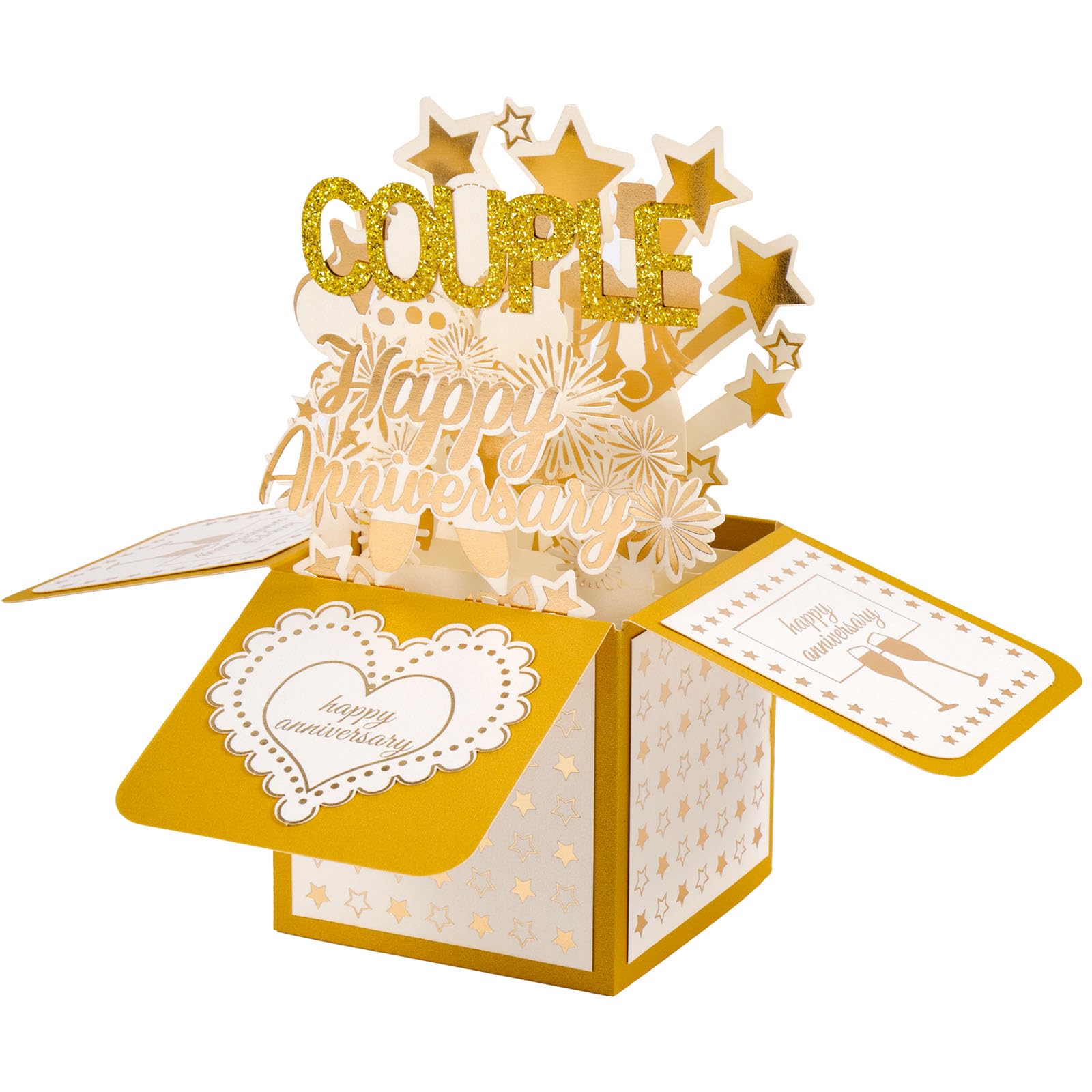Anniversary Card for Couple, 3D Creative Gold Fireworks Happy Anniversary Pop Up Greeting Card with Envelope Suitable for Couple Wife Husband Women Men