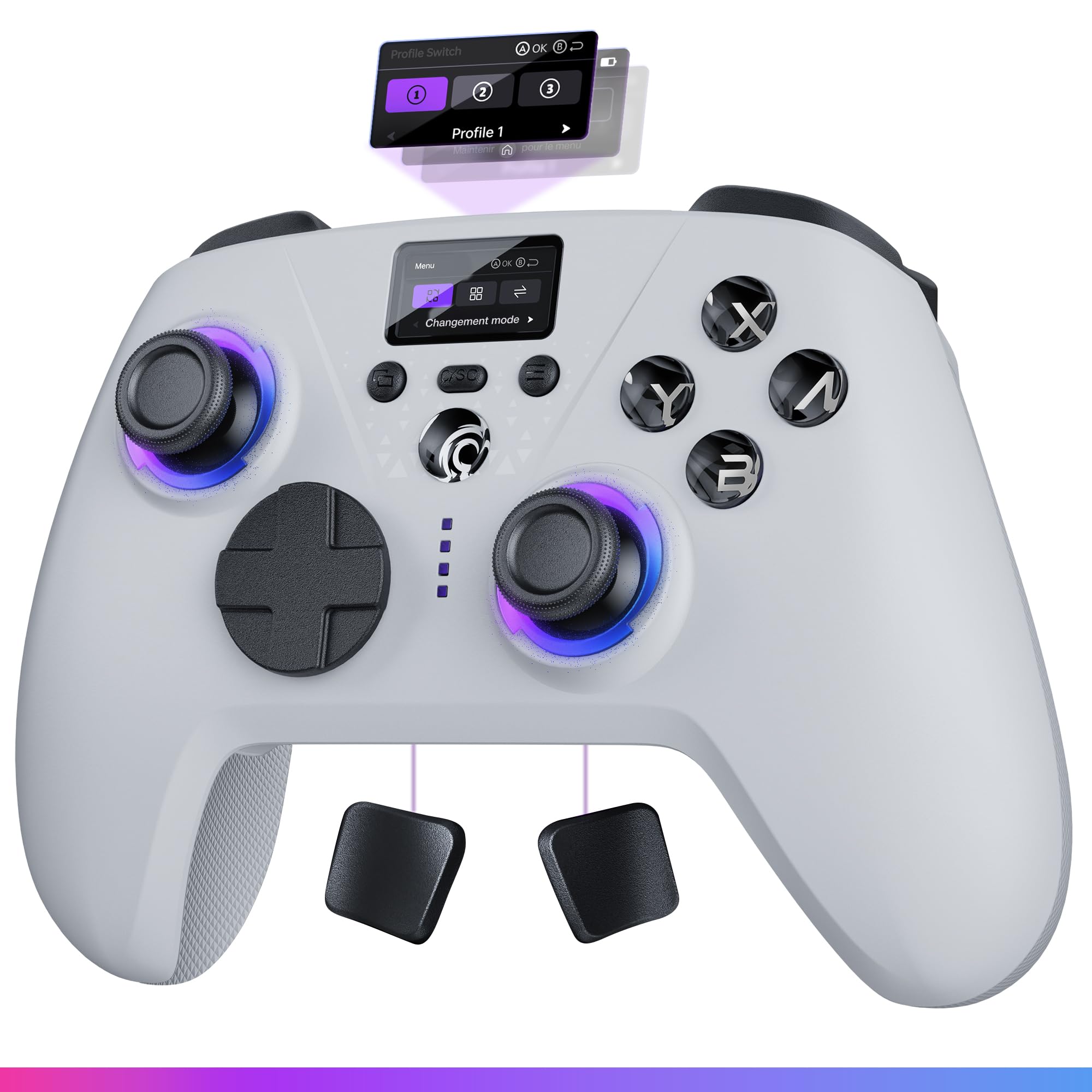 Oniverse Manette sans fil pour Switch 2/Switch/OLED/Lite/PC/Mobile, Écran intégré, Joysticks et gâchettes Hall Effect, 11h, Tactile switch D-pad, Boutons macro arrière mécaniques - Aura (White)