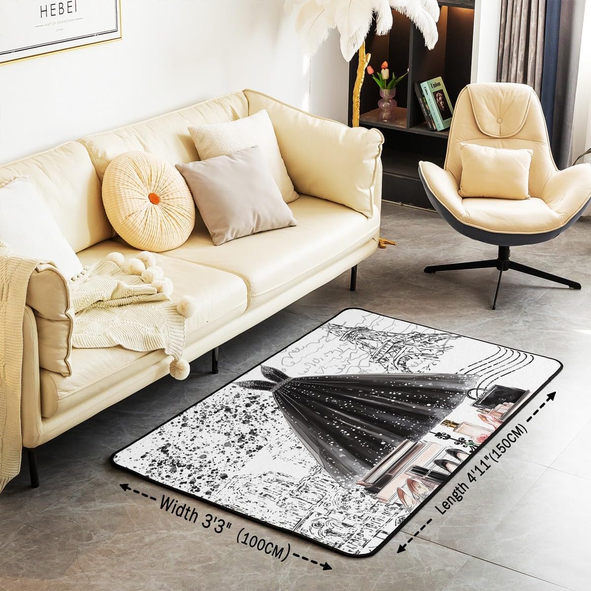 Erosebridal Fashion Girly Dress Carpet 4'11" x 3'3" Black White Eiffel Tower Paris Area Rug Perfume Modern Girls Women Indoor Floor Mat Romantic High Heels Makeup Decorative Washable Rug