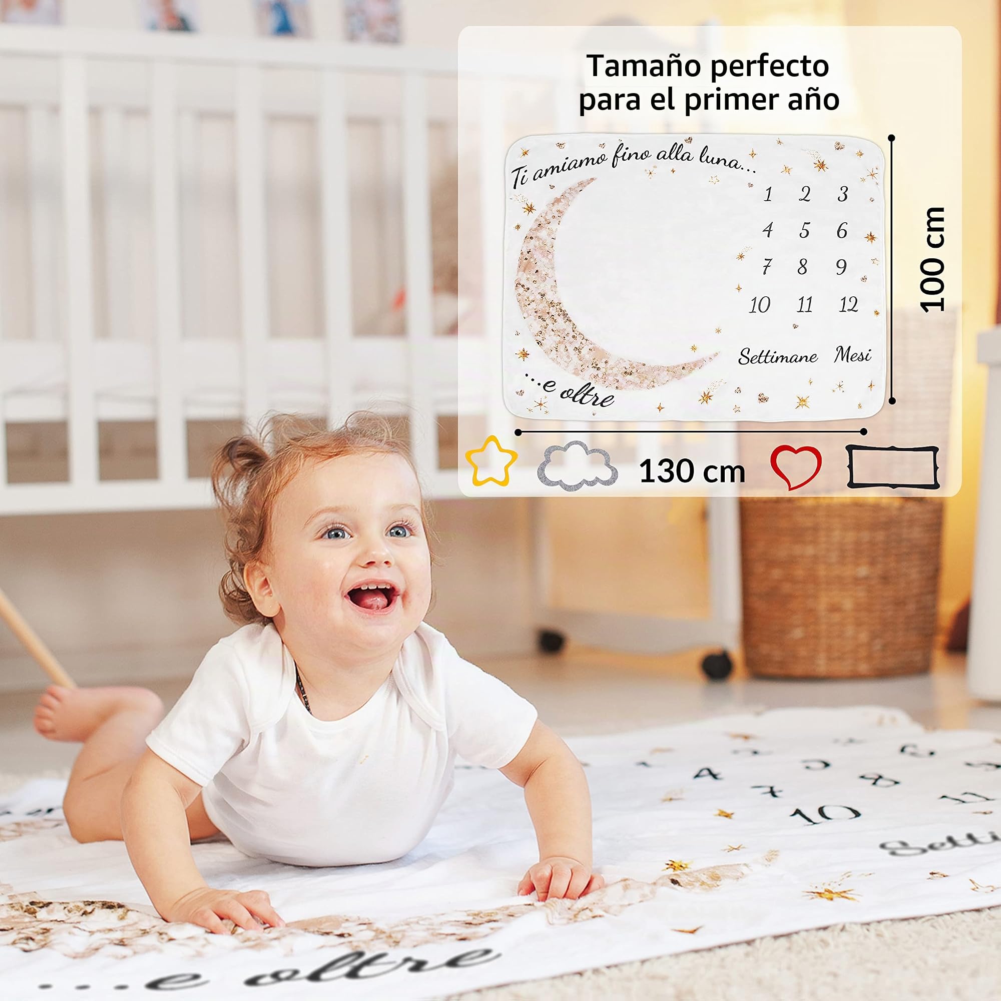 ODOXIA Manta Meses Bebé En Italiano | Manta Bebe Personalizada, Unisex | Star IT | Regalo Personalizado De Nacimiento para Nuevas Mamás | Manta Mensual Bebe | Incluye Marcos De Colores