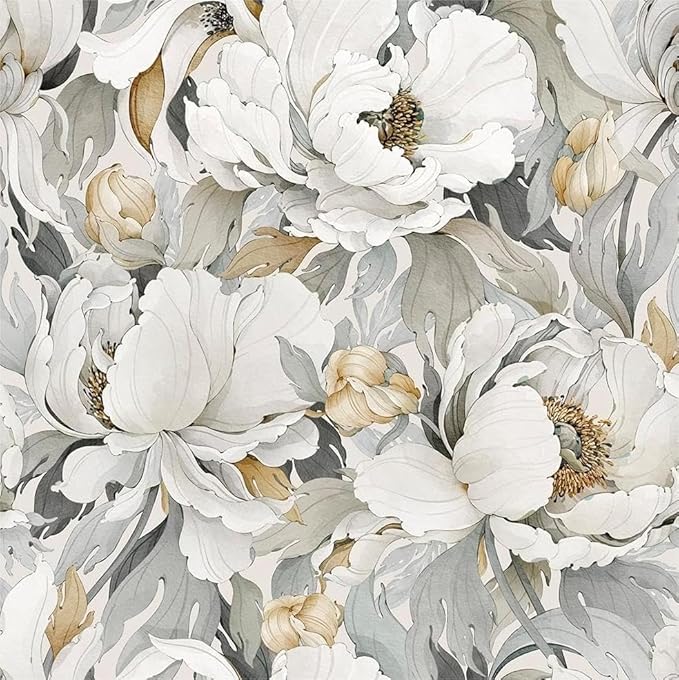 Modern Grey Peonies & White Poppies Floral Wallpaper | Peel & Stick