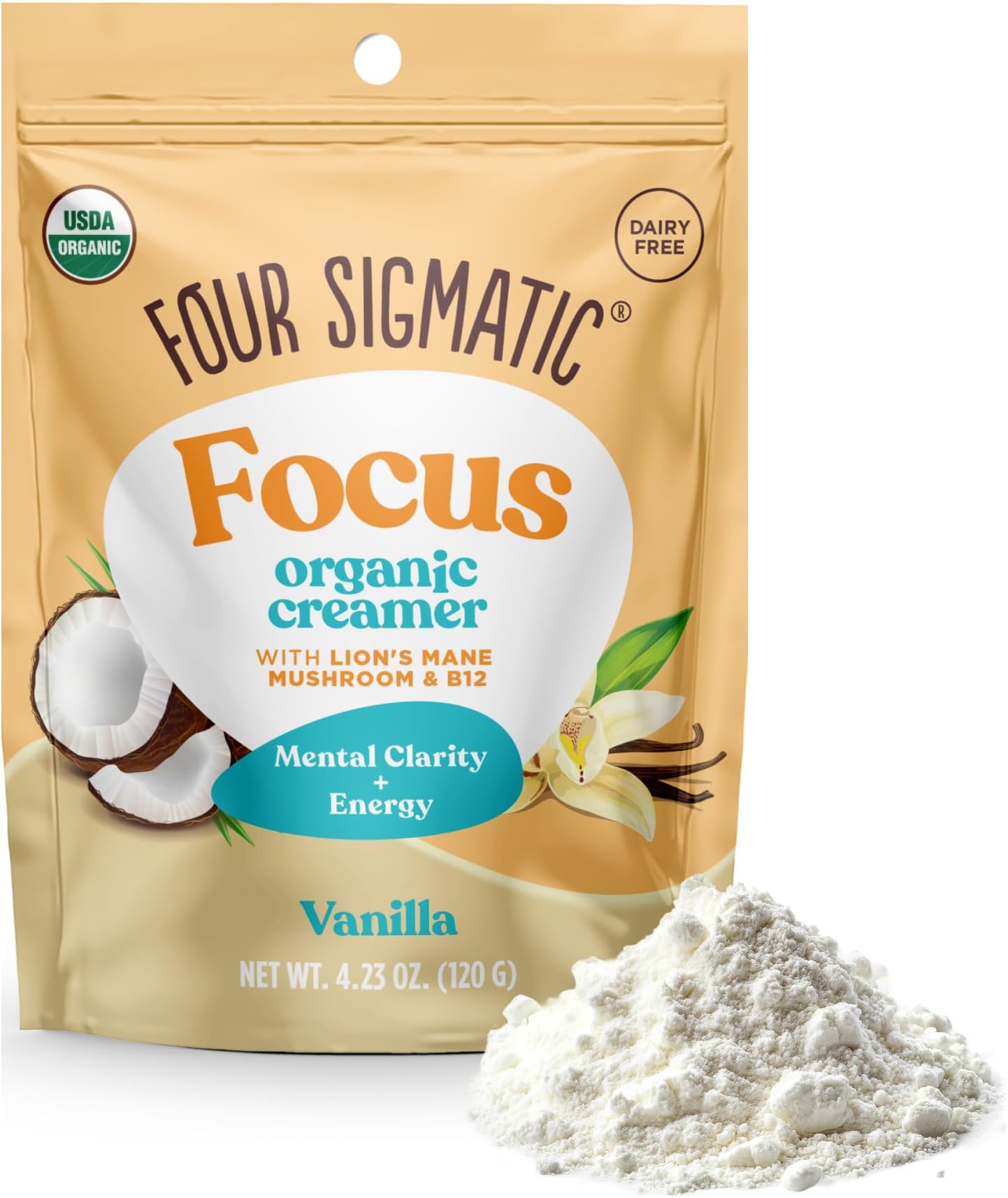 Four Sigmatic Focus Vanilla Coffee Creamer | Organic Non Dairy Coffee Creamer with Lion’s Mane and Vitamin B12 | Vanilla, 4.23 oz