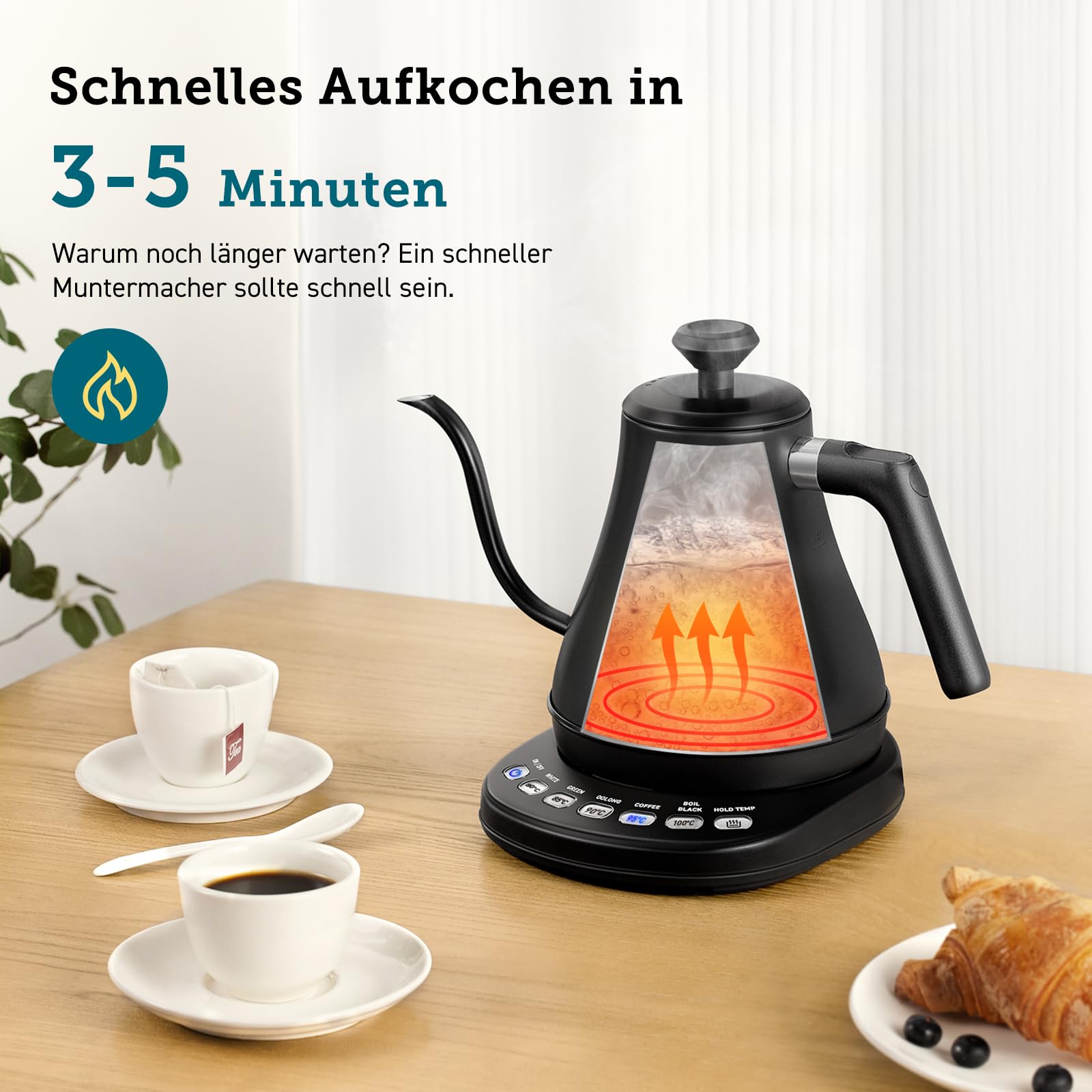 COSORI Wasserkocher Edelstahl Schwanenhals, 0,8 Liter, mit Temperatureinstellung, 80℃ bis 100℃, Warmhaltefunktion für 60 Min, Anthrazitfarben