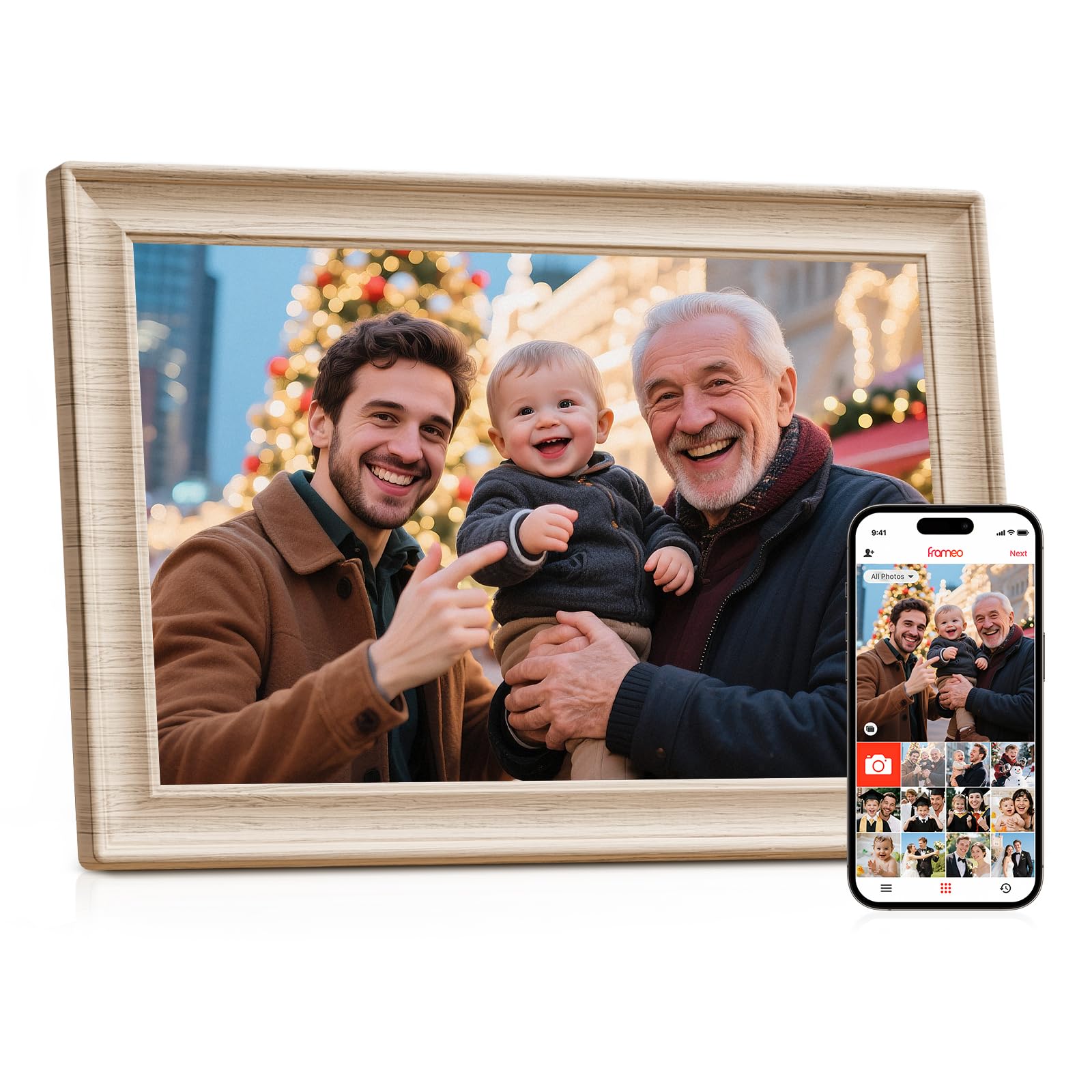 Frameo 10.1 Inch WiFi Digital Picture Frame, 1280x800 HD IPS Touch Screen Photo Frame Electronic, 32GB Storage, Auto-Rotate, Wall Mounted, Share Photos/Videos Instantly from Anywhere - White 10.1" Light Oak