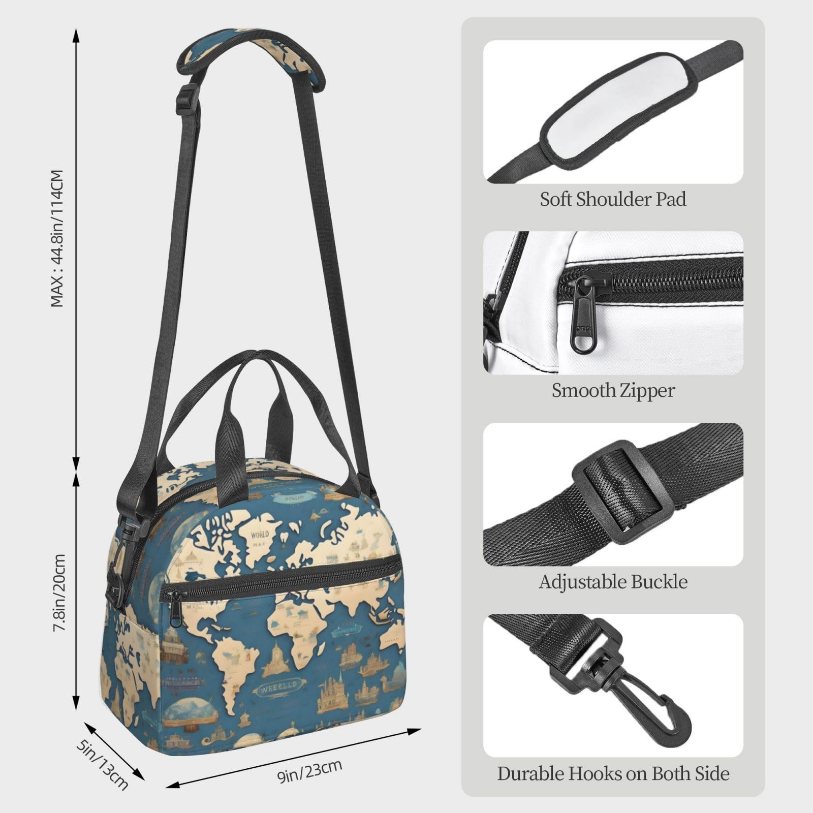 Bolsa De Almuerzo Con Estampado De Mapa Mundial Para Mujeres, Bolsa De Refrigeración Portátil Para Adultos, Linda Bolsa De Almuerzo Con Correa De Hombro Ajustable