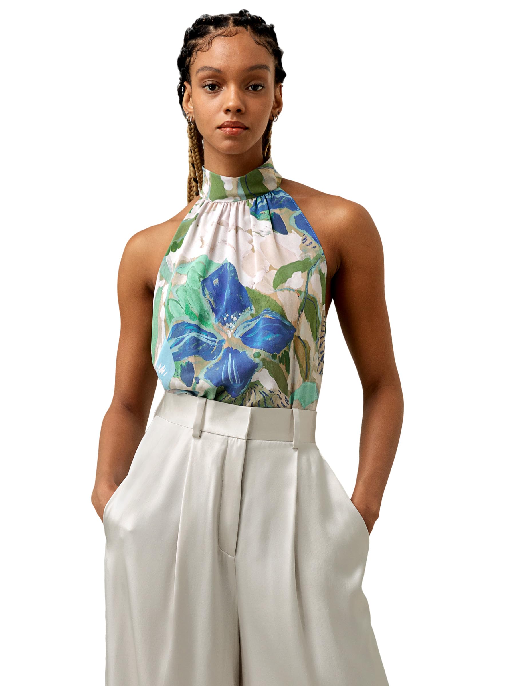 LilySilk Damen Reine Seidenbluse, ärmelloses Halftertop aus Crêpe de Chine mit Blumendruck für Urlaubspartys