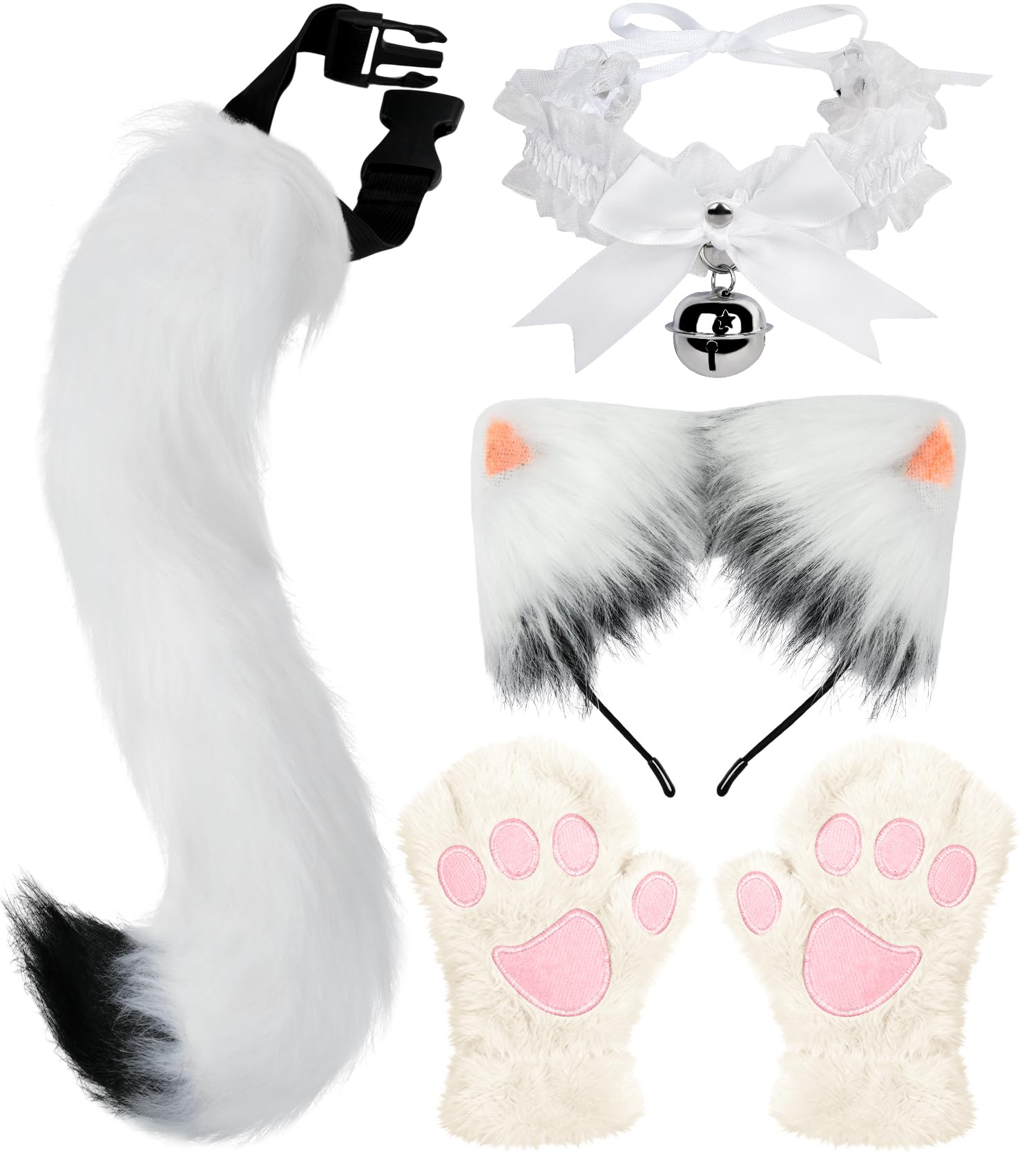 Cat Ears and Tail,Wolf Fox Ears Long Tail and Bell Lace Choker Set for Halloween,Animal Cosplay Party Costume
