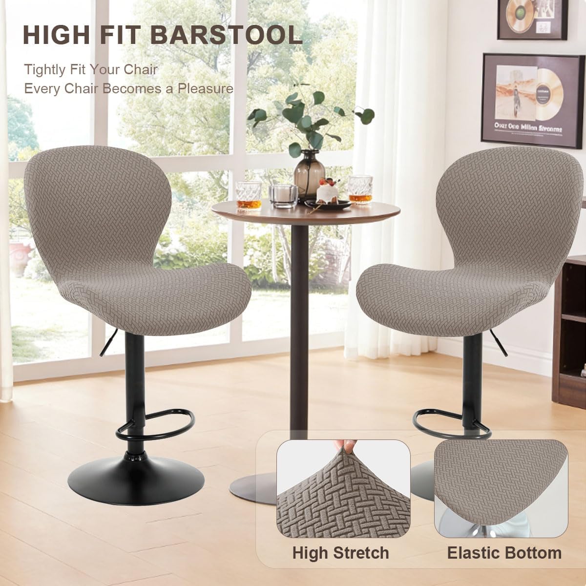 Bar Stool Covers with Backs Stretch Bar Stool Seat Covers Jacquard Swivel Barstools Chair Covers Slipcovers Washable Counter Height Bar Chair Covers Protector for Kithen Bar 4 Pack Khaki