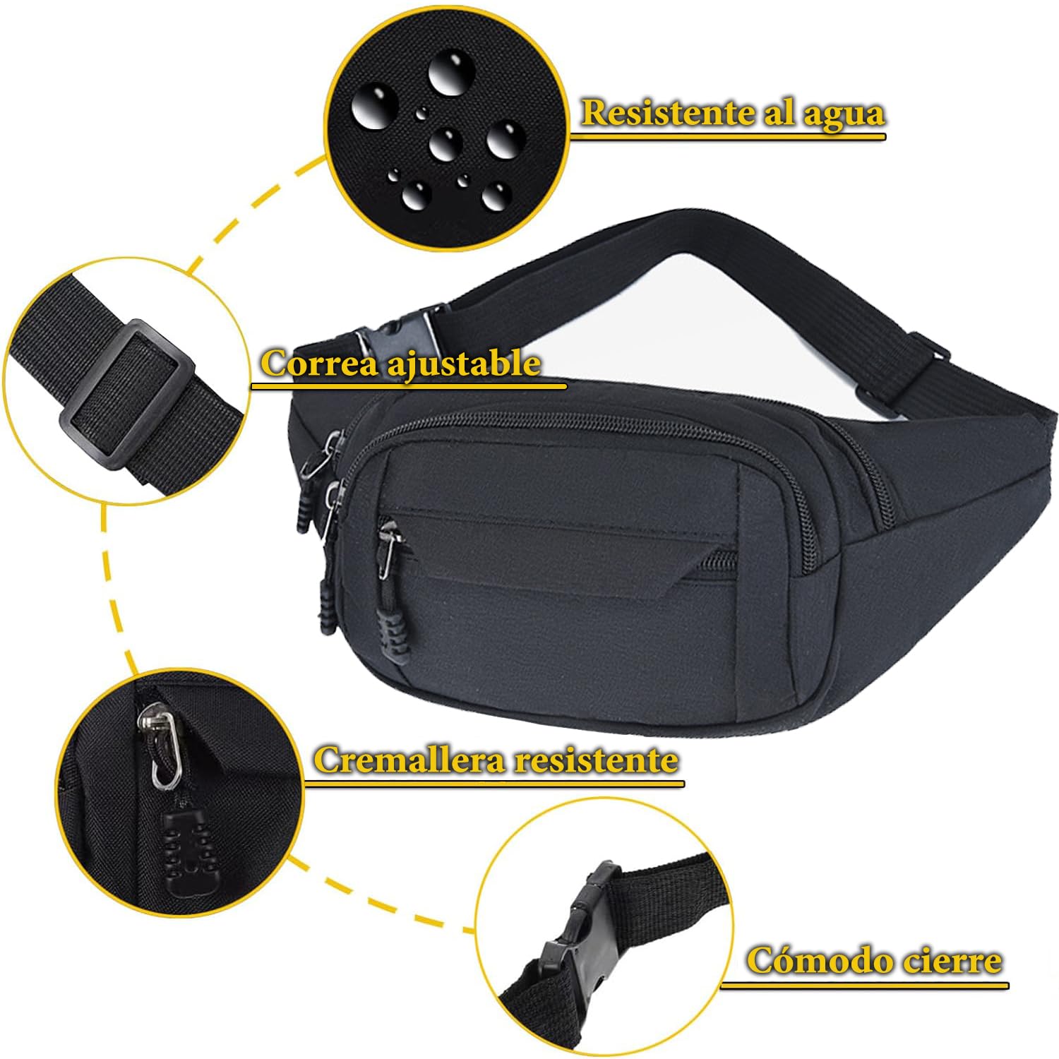 Riñonera Impermeable 4 Bolsillos Cinturón Ajustable Bolsillo Oculto