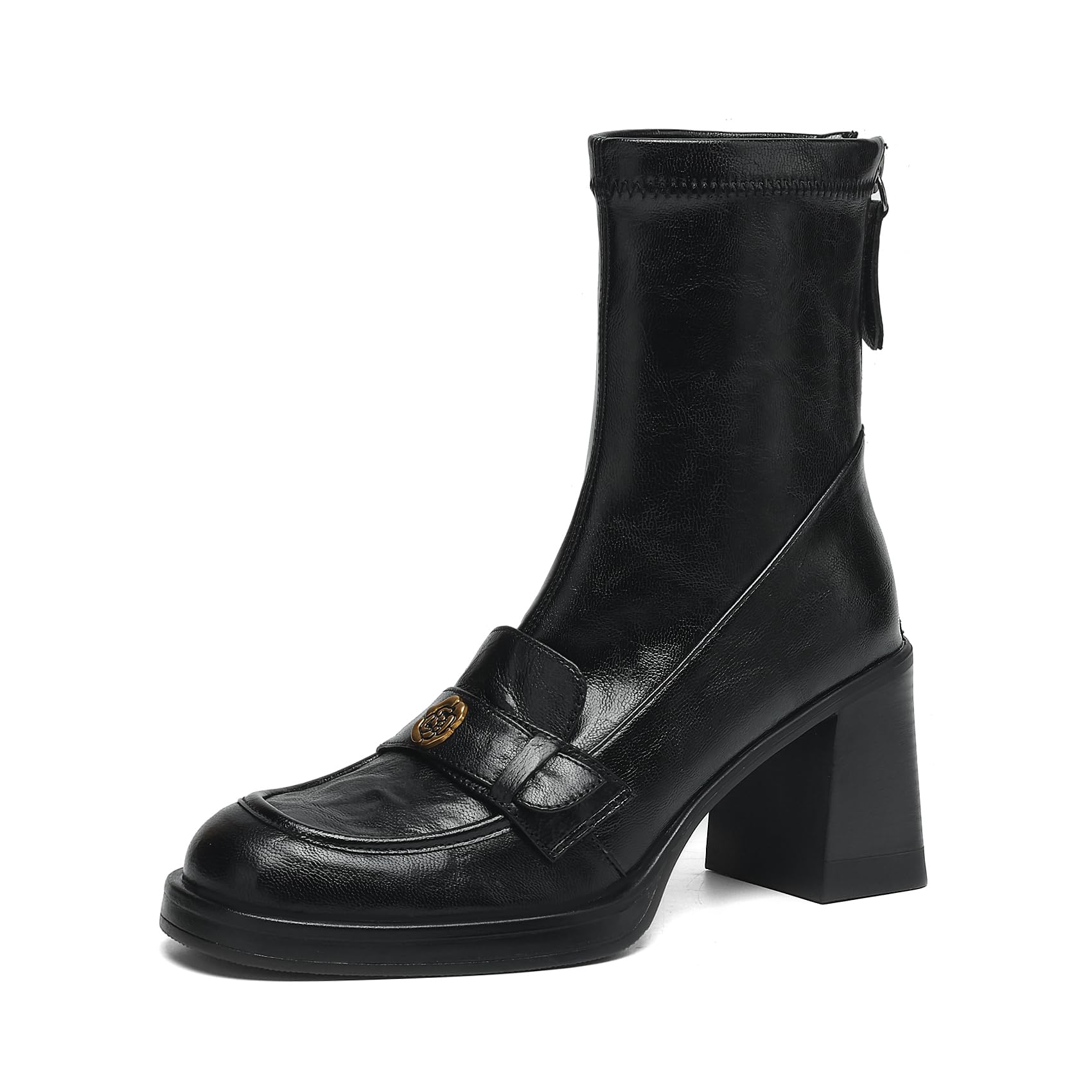 Womens Platform Loafer Boots Sheepskin Sock Bootie with Chunky Heel Floral Hardware University Style Polished Look Stretch Shaft