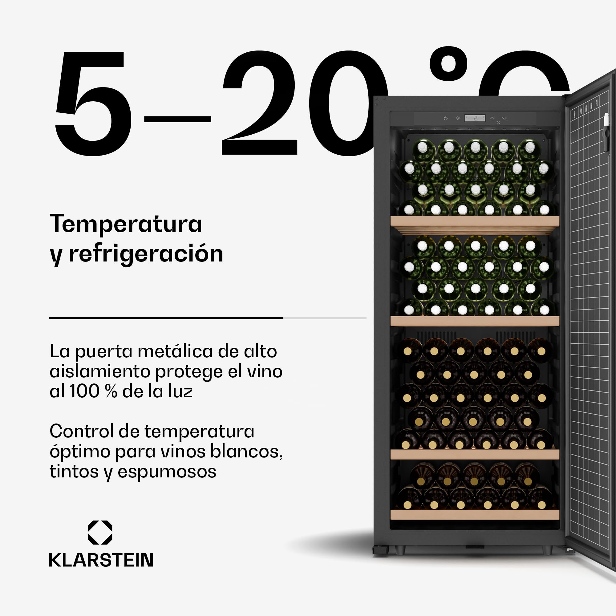 KLARSTEIN CellarMax Vinoteca Grande - 155 Botellas, 5-20°C, Control Táctil, Puerta Metálica, Cerradura, Alarma, Independiente, Nevera Para Vinos