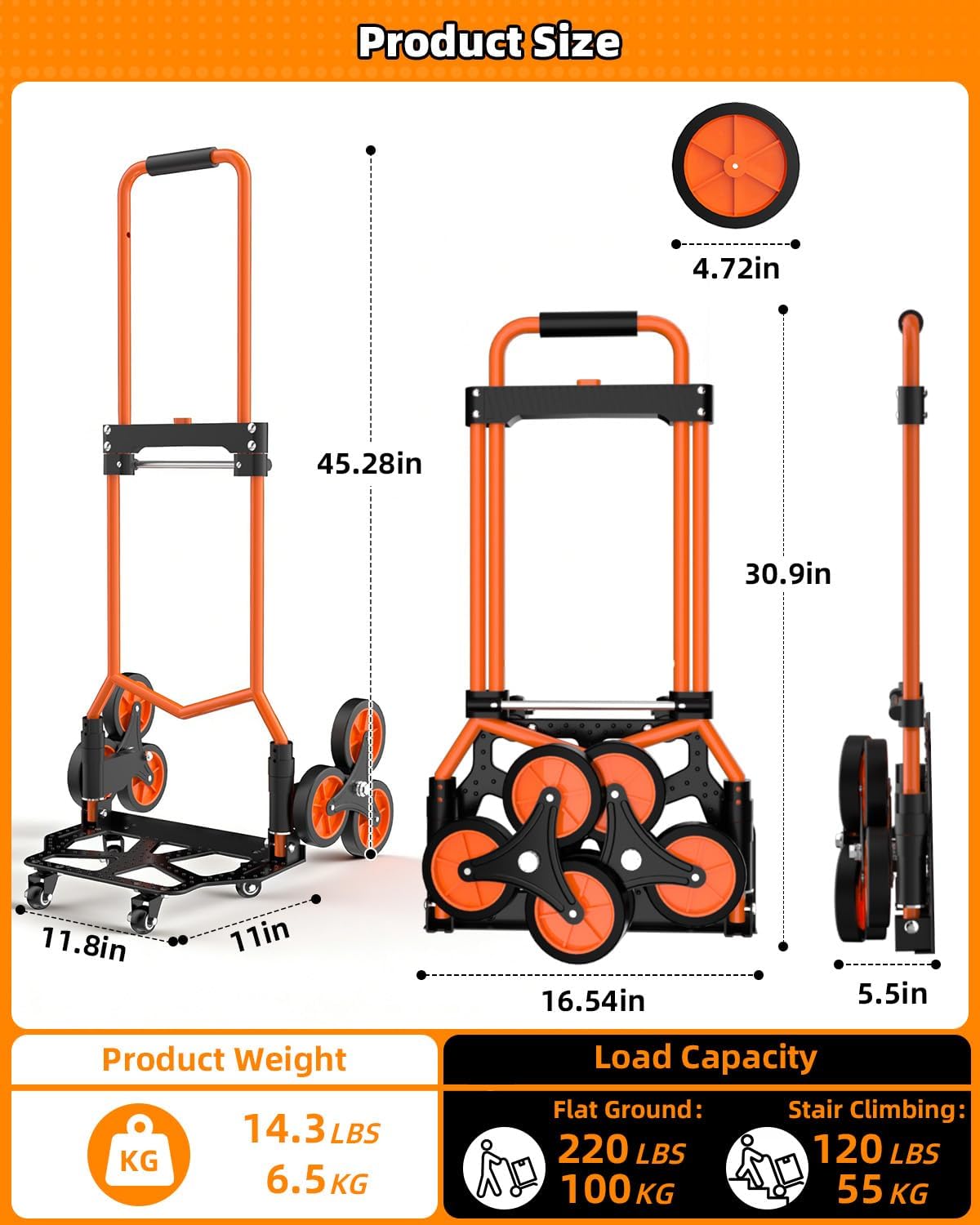 Folding Stair Climbing Dolly, 220Lbs Capacity, Portable Dolly Cart with 10 Wheels and Telescoping Handle, Lightweight Hand Truck Cart for Flat Ground & Stairs, School, Dormitory, Home, Office, Food