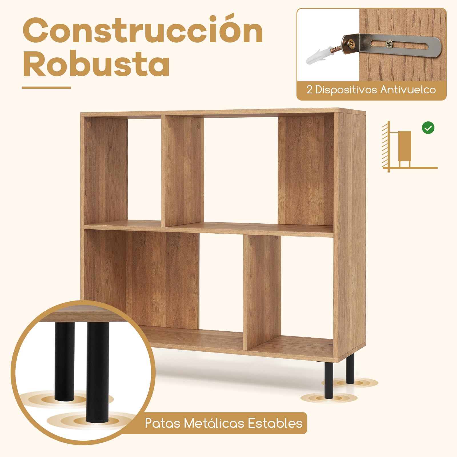 COSTWAY Libreria Estanteria, Estanteria Libros de Madera de 4 Cubos, Estantería de Piso de 2 Niveles con Patas Metálicas, Estante Horizontal de Almacenaje，90 x 30 x 90 cm (Natural)