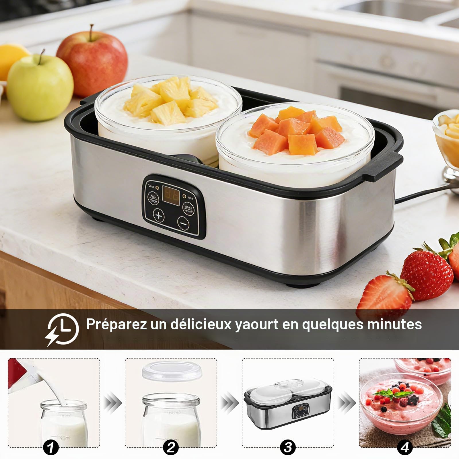 Yaourtière 2L, Machine à Yaourt avec 2 Pots de 1L, Yaourtière Numérique en Acier Inoxydable, Yaourtière Automatique pour Yaourt Maison DIY, Fromage ou Natto