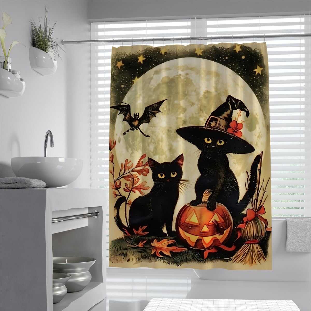 UIRINGART Cute Halloween Witch Cats Bath Screen W120xL180cm Spooky Full Moon Pumpkin Bat Vintage Graphic Quick Drying Waterproof Washable Shower Curtains for Wet Room with Hooks