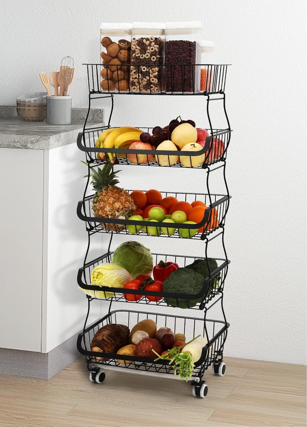 U-miss Fruit Basket, 5 Tier Stackable Metal Wire Basket Cart with Rolling Wheels, Utility Rack for Kitchen, Pantry