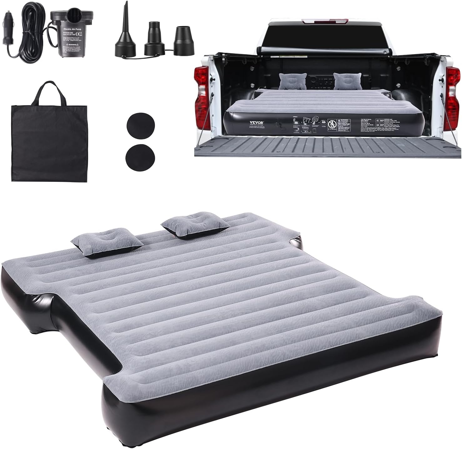 Gray and Black Inflatable Truck Bed Air Mattress with Pump